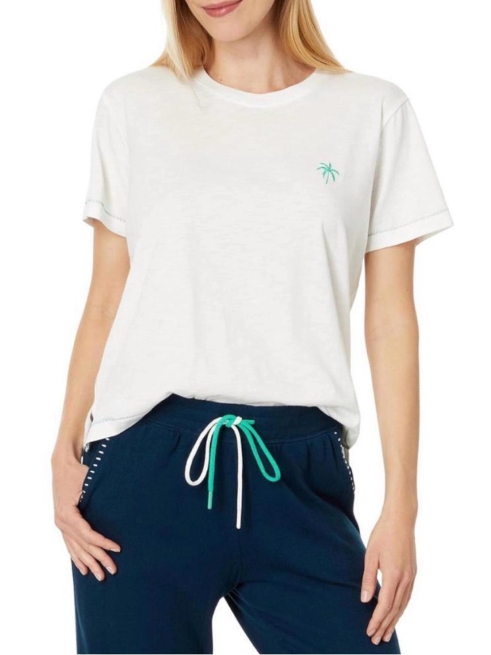 PJ Salvage Ocean Breeze Short Sleeve Tee - Ivory Green Embroidered Palm Tree